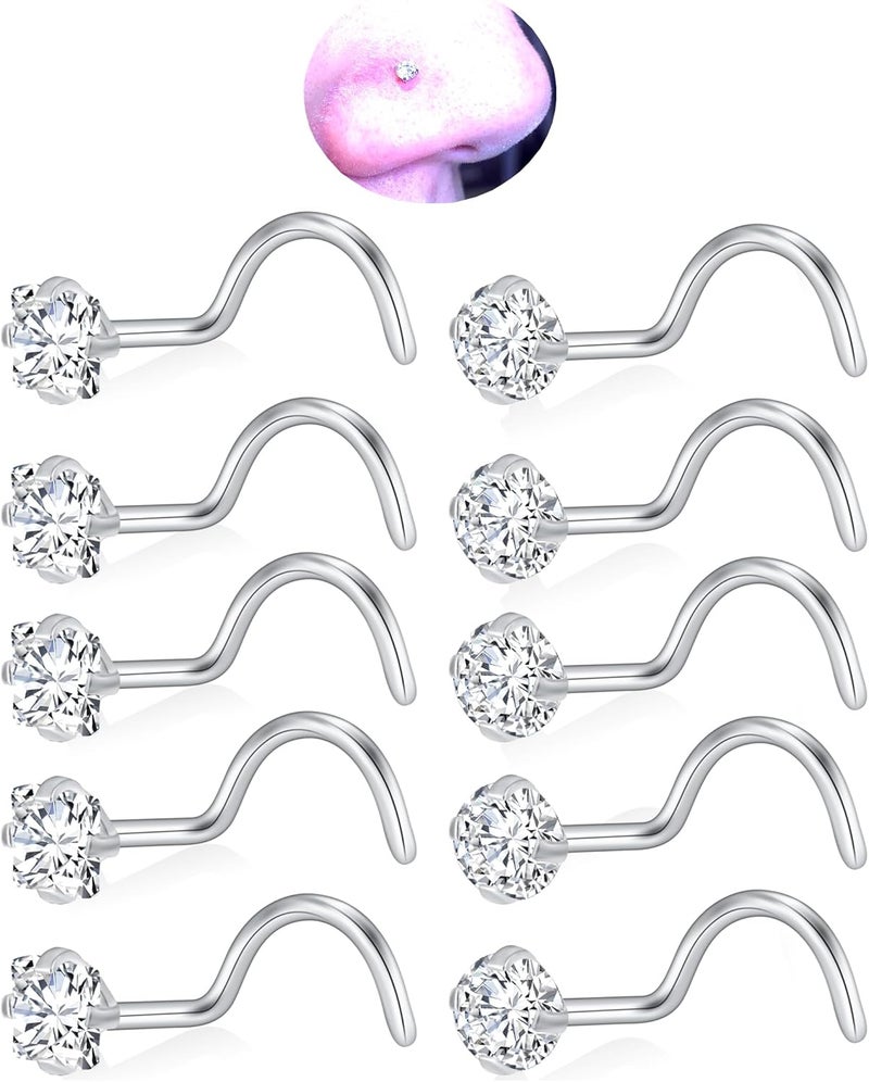 XoCiuKe 10Pcs 20G Nose Rings Studs for Women Corkscrew Sliver Nose Studs Hypoallergenic Nose Rings 316L Surgical Stainless Steel Nose Nostril Percing Jewely for Women Men Round Square CZ Imitation Diamond 1.5mm/2.0mm/2.5mm/3.0mm - Image 1